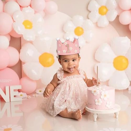 UDOTE Pink Muslin Crown Hat for Baby's First Birthday – Unisex Party Headwear for Boys or Girls