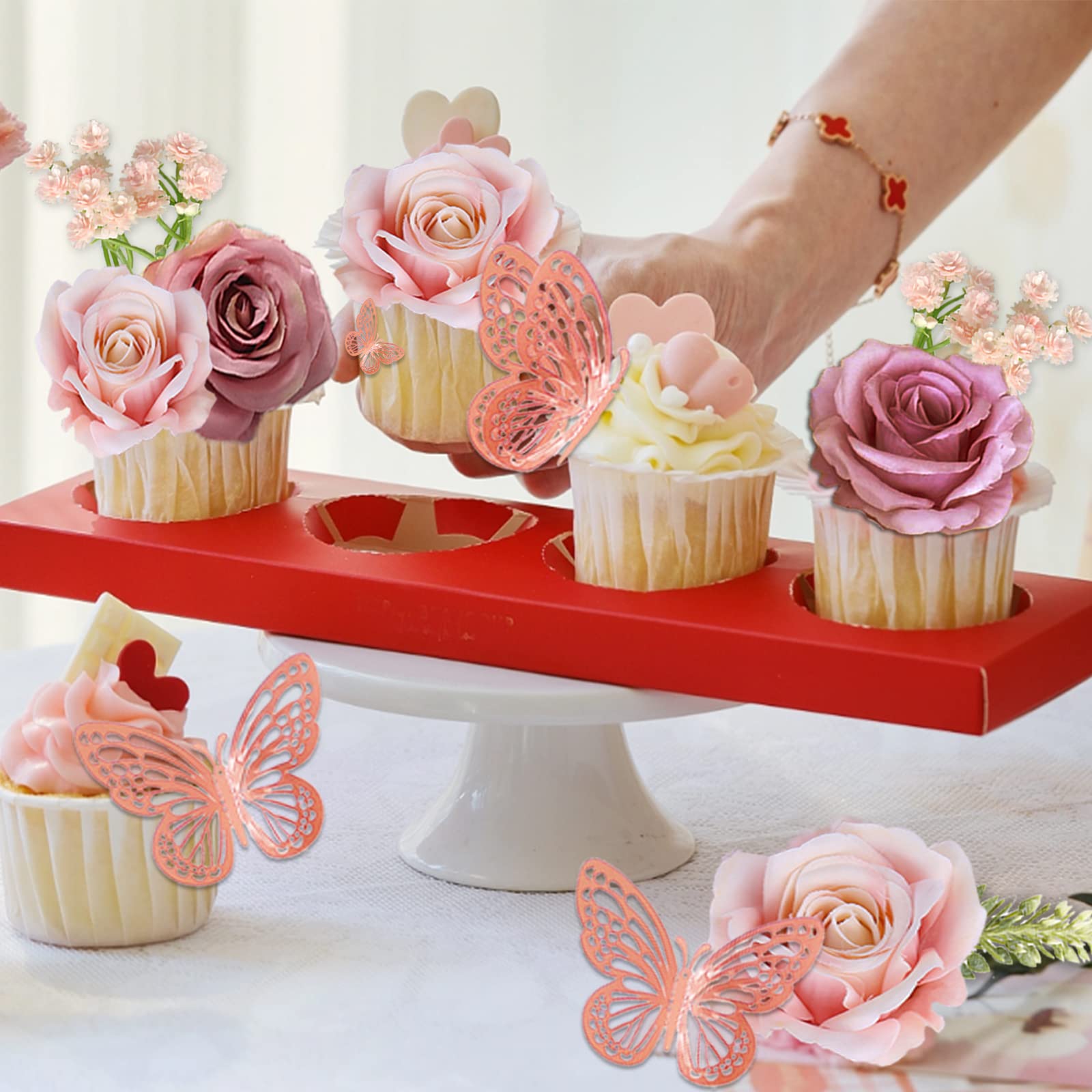 UFROMSKY 26-Piece Boho Flower Cake Topper Set with Butterfly Decor, Acrylic Lady Face, Palm Leaves, Artificial Vintage Pink & Purple Flowers for Women's Birthday, Wedding, Baby Shower Party Supplies