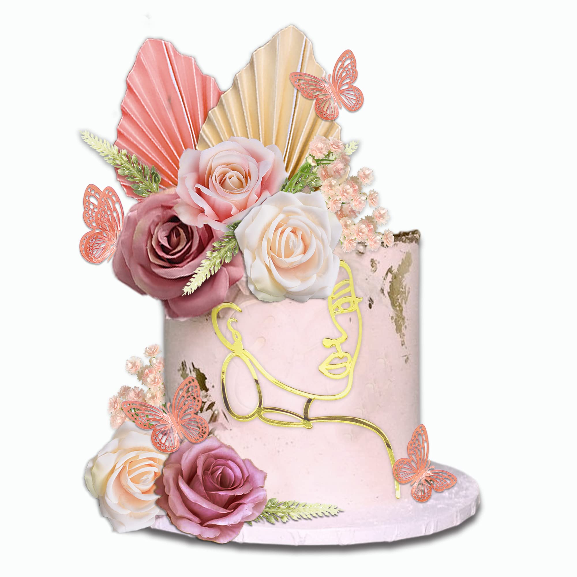 UFROMSKY 26-Piece Boho Flower Cake Topper Set with Butterfly Decor, Acrylic Lady Face, Palm Leaves, Artificial Vintage Pink & Purple Flowers for Women's Birthday, Wedding, Baby Shower Party Supplies