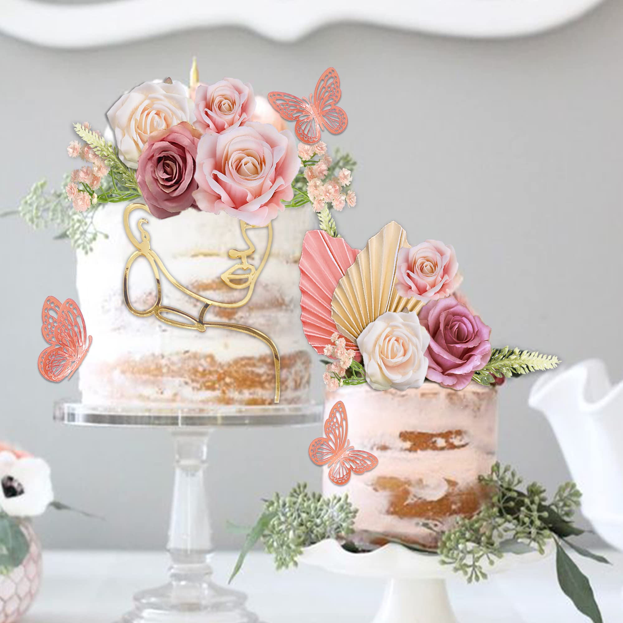 UFROMSKY 26-Piece Boho Flower Cake Topper Set with Butterfly Decor, Acrylic Lady Face, Palm Leaves, Artificial Vintage Pink & Purple Flowers for Women's Birthday, Wedding, Baby Shower Party Supplies