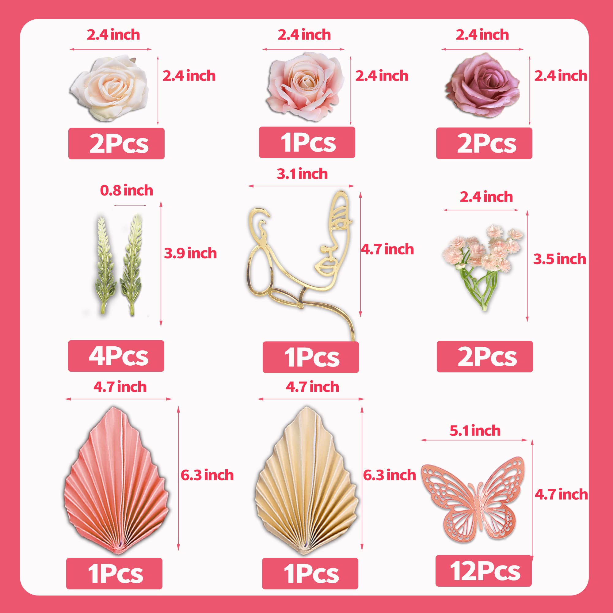 UFROMSKY 26-Piece Boho Flower Cake Topper Set with Butterfly Decor, Acrylic Lady Face, Palm Leaves, Artificial Vintage Pink & Purple Flowers for Women's Birthday, Wedding, Baby Shower Party Supplies