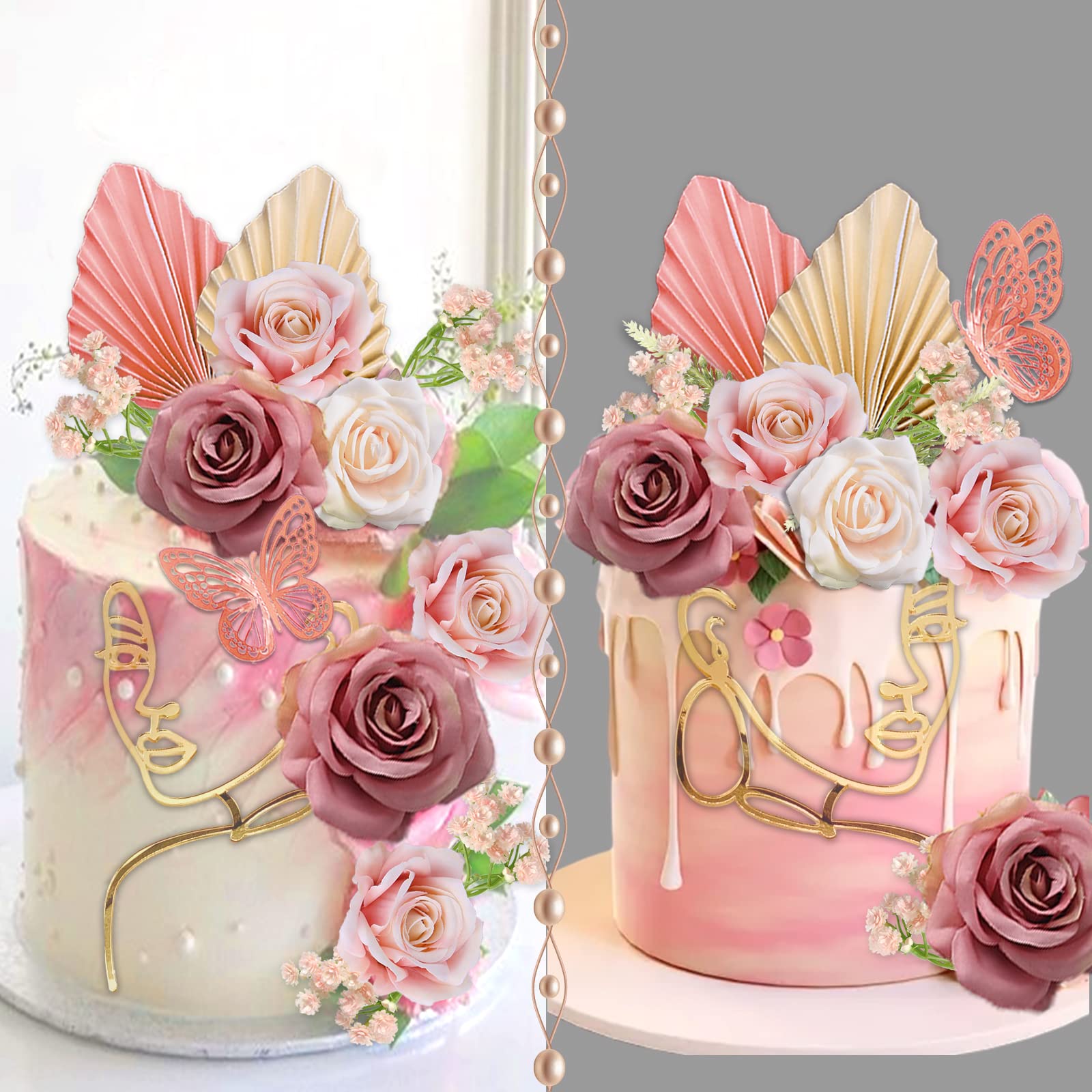 UFROMSKY 26-Piece Boho Flower Cake Topper Set with Butterfly Decor, Acrylic Lady Face, Palm Leaves, Artificial Vintage Pink & Purple Flowers for Women's Birthday, Wedding, Baby Shower Party Supplies