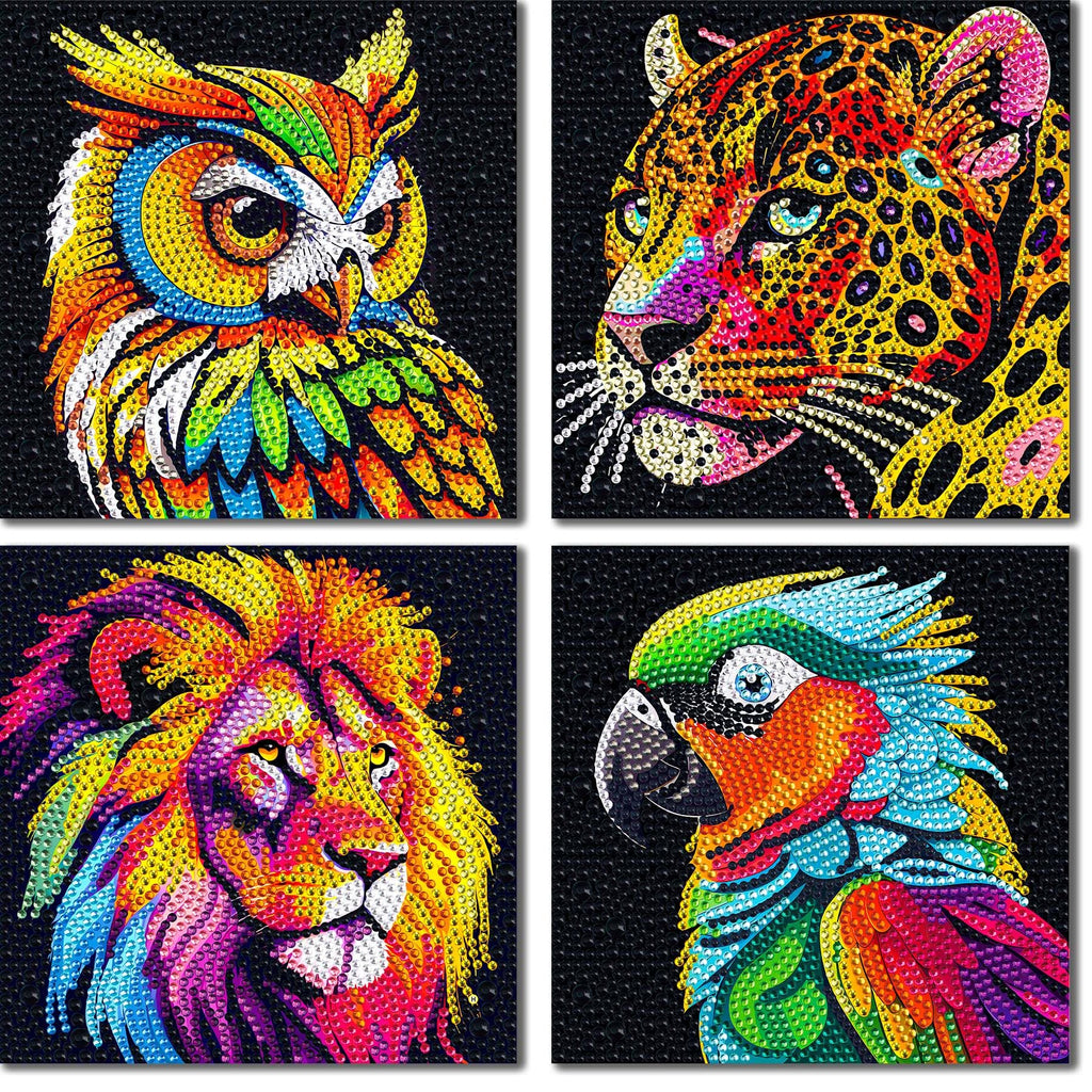 UiSdfuy 4-Pack Diamond Art Kits for Kids – Lion, Owl, Leopard, Parrot (6x6 Inches)