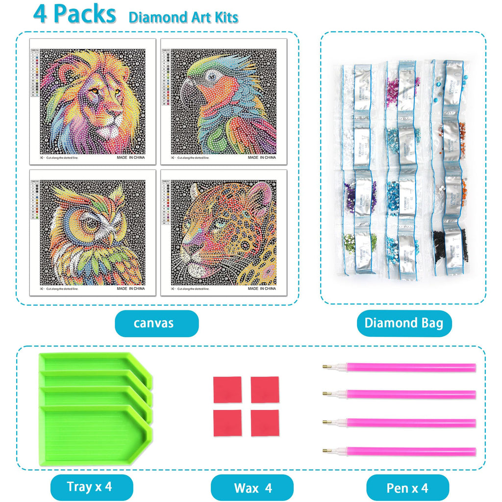 UiSdfuy 4-Pack Diamond Art Kits for Kids – Lion, Owl, Leopard, Parrot (6x6 Inches)
