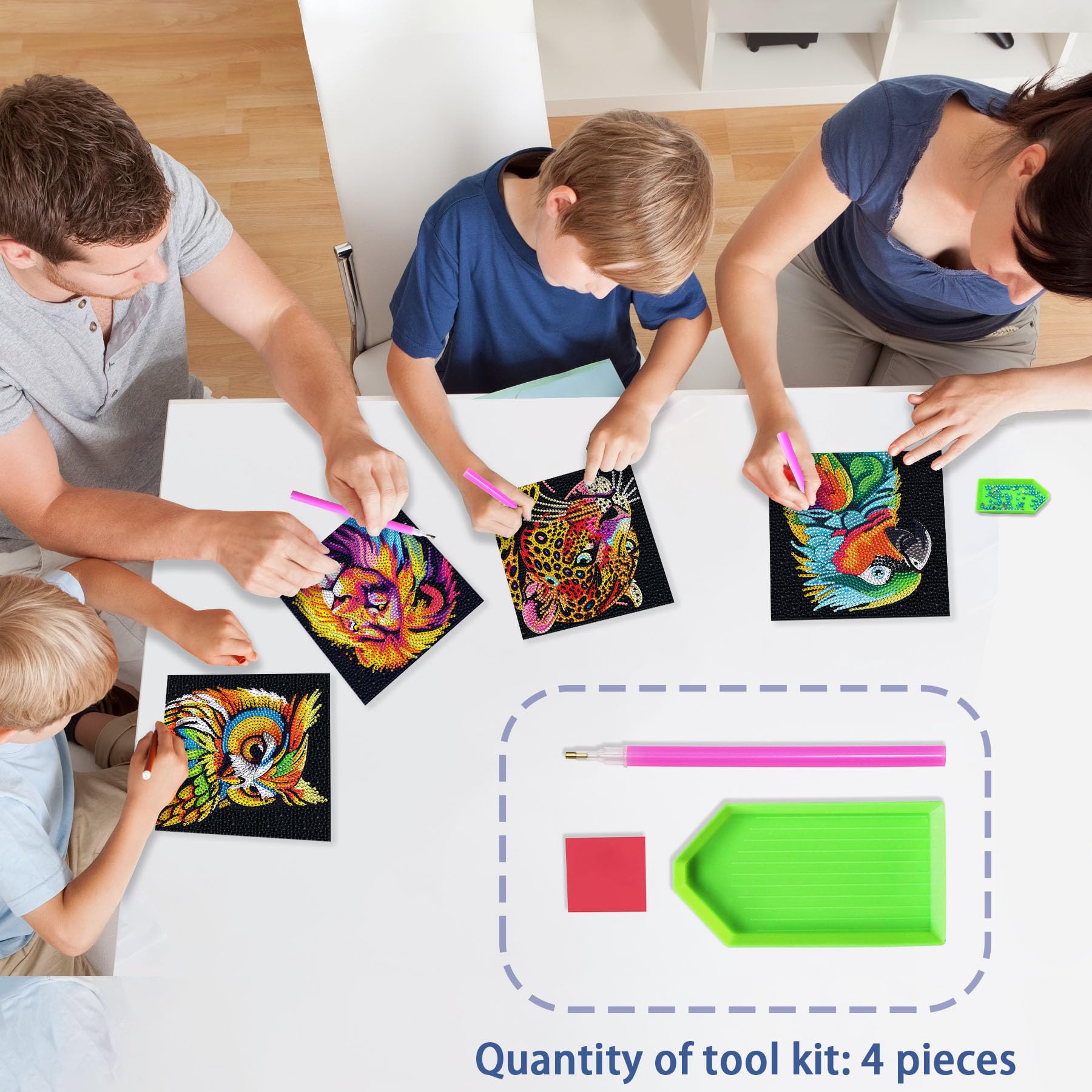 UiSdfuy 4-Pack Diamond Art Kits for Kids – Lion, Owl, Leopard, Parrot (6x6 Inches)