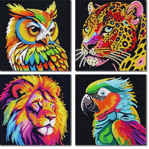 UiSdfuy 4-Pack Diamond Art Kits for Kids – Lion, Owl, Leopard, Parrot (6x6 Inches)