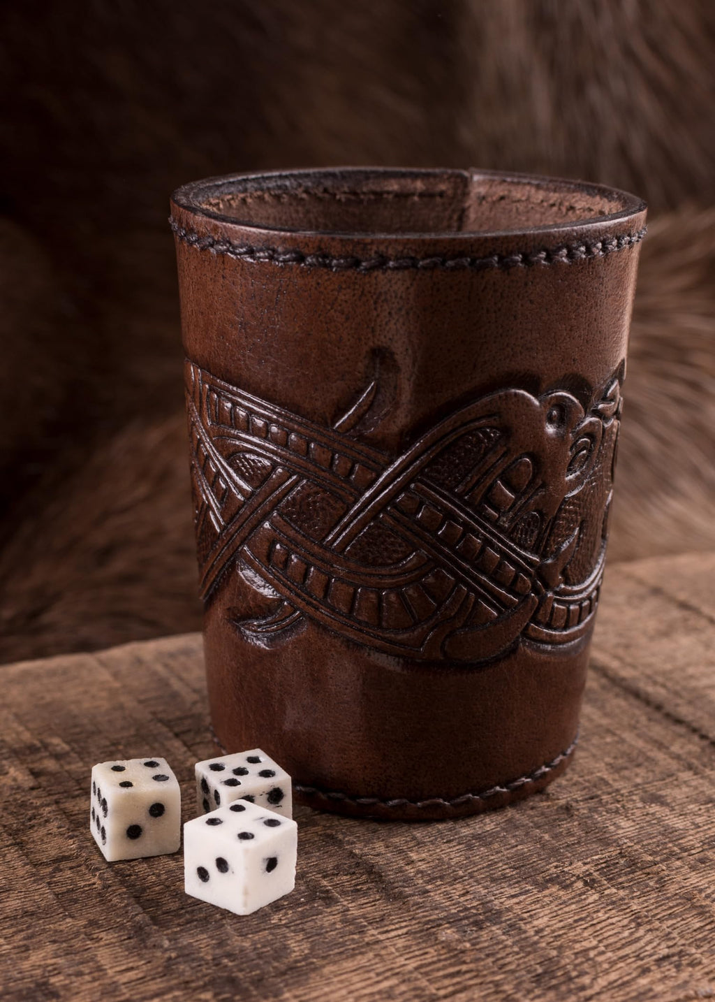 Ulfberth Viking Dice Cup – Genuine Buffalo Leather, Embossed Jelling Style (Brown)