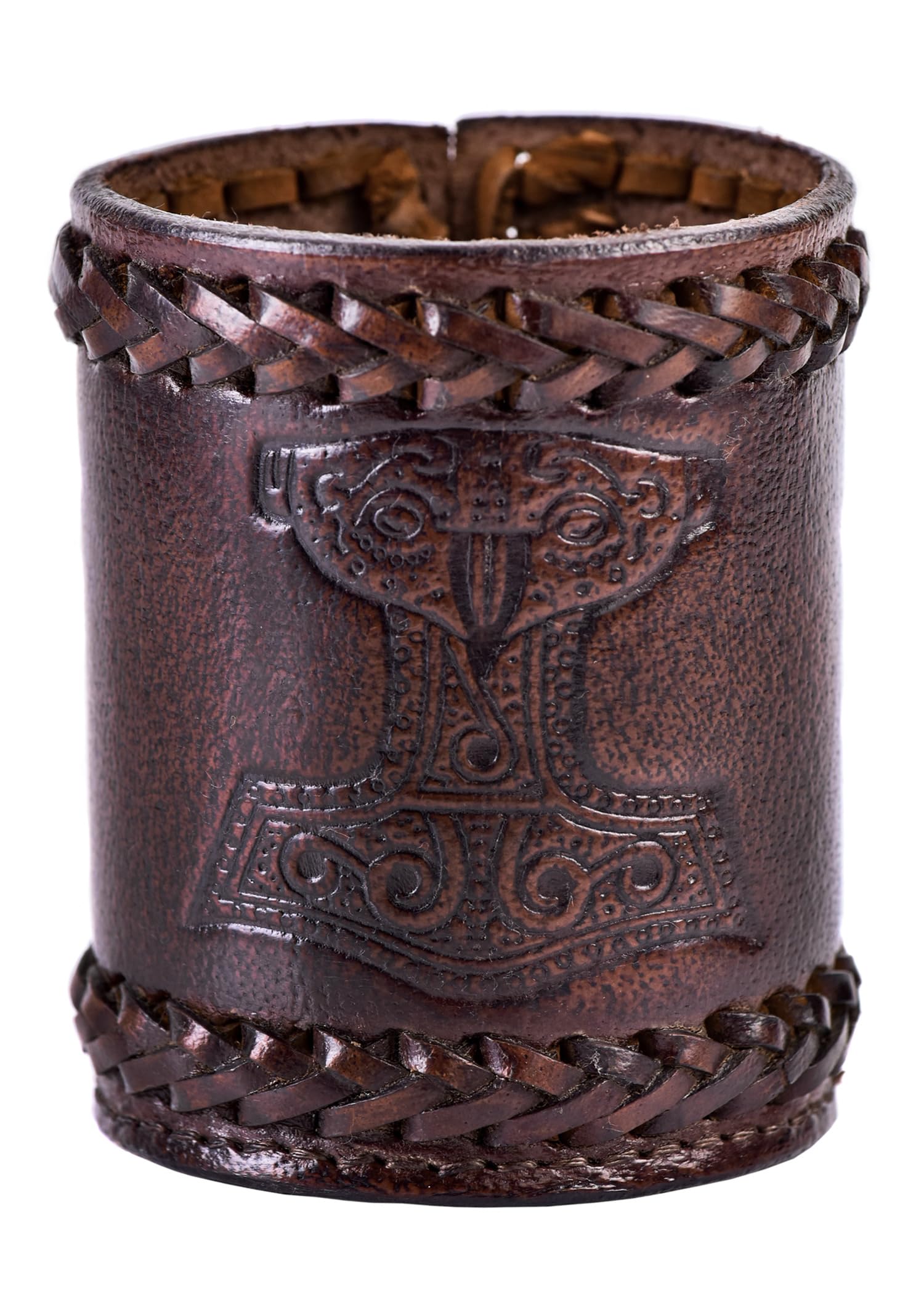 Ulfberth Viking Dice Cup – Genuine Leather Embossed Thor's Hammer Design, Brown