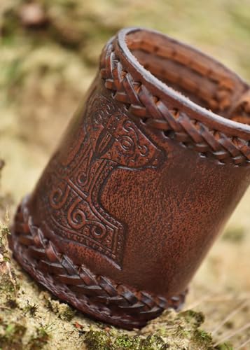 Ulfberth Viking Dice Cup – Genuine Leather Embossed Thor's Hammer Design, Brown