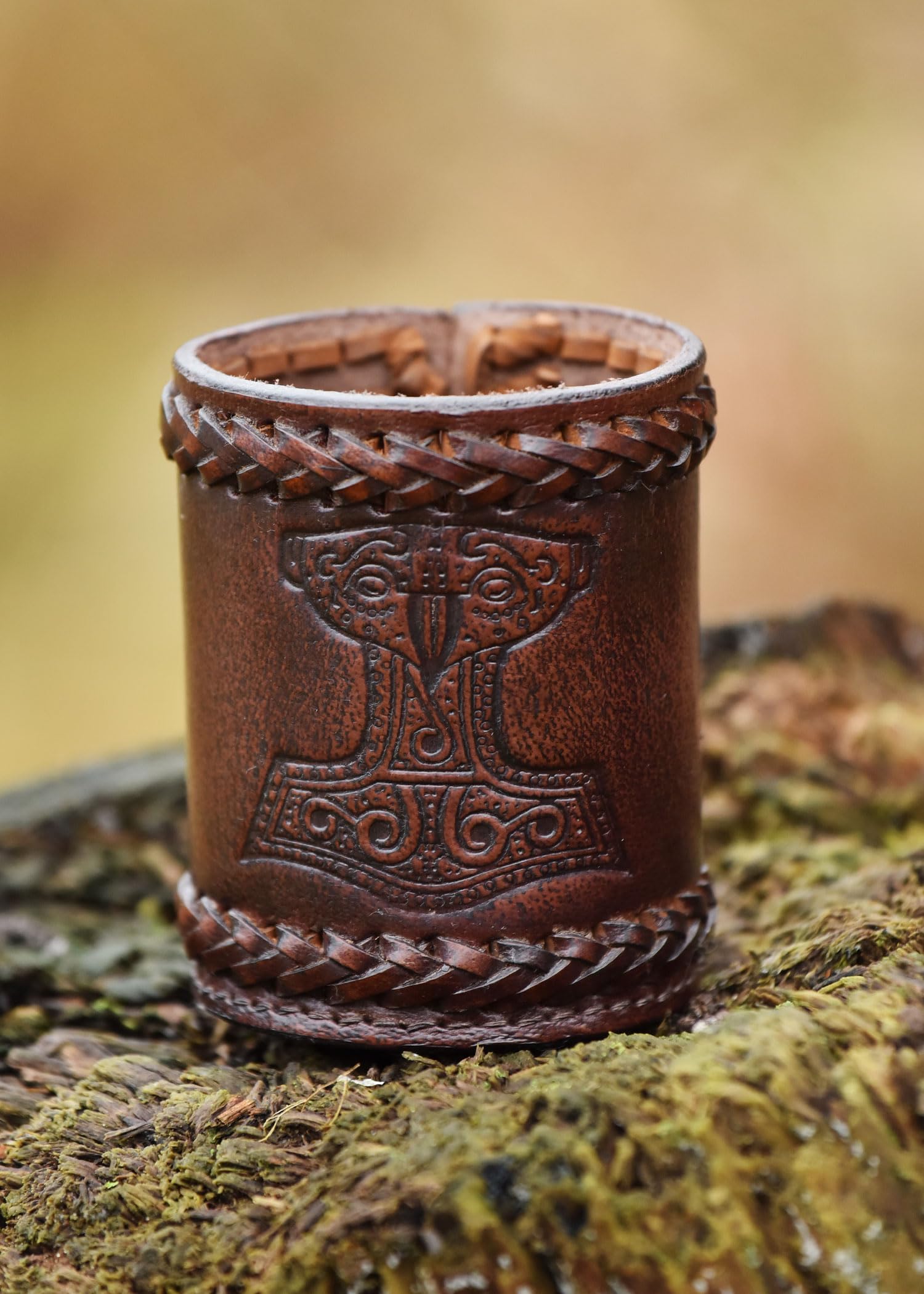 Ulfberth Viking Dice Cup – Genuine Leather Embossed Thor's Hammer Design, Brown