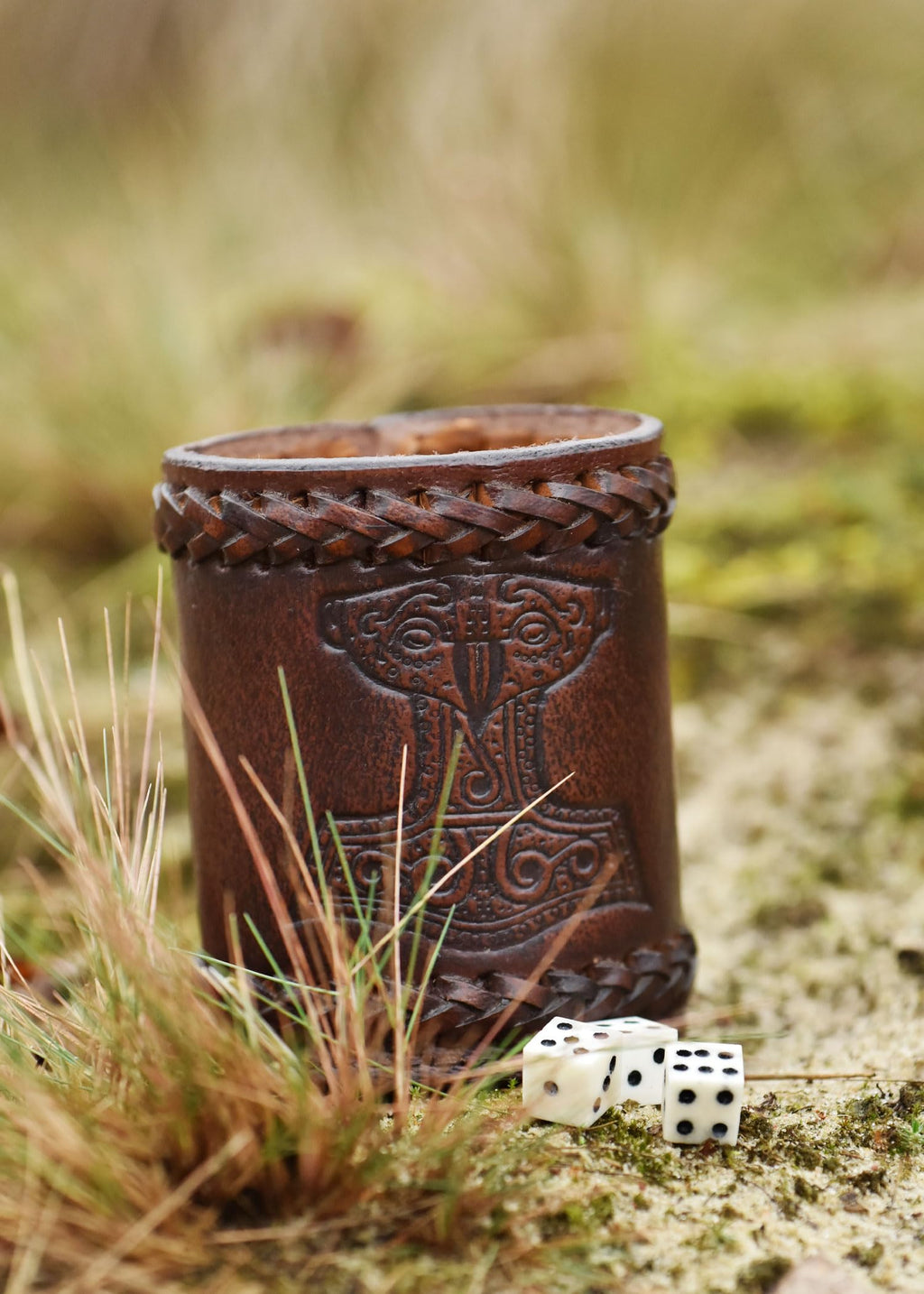 Ulfberth Viking Dice Cup – Genuine Leather Embossed Thor's Hammer Design, Brown