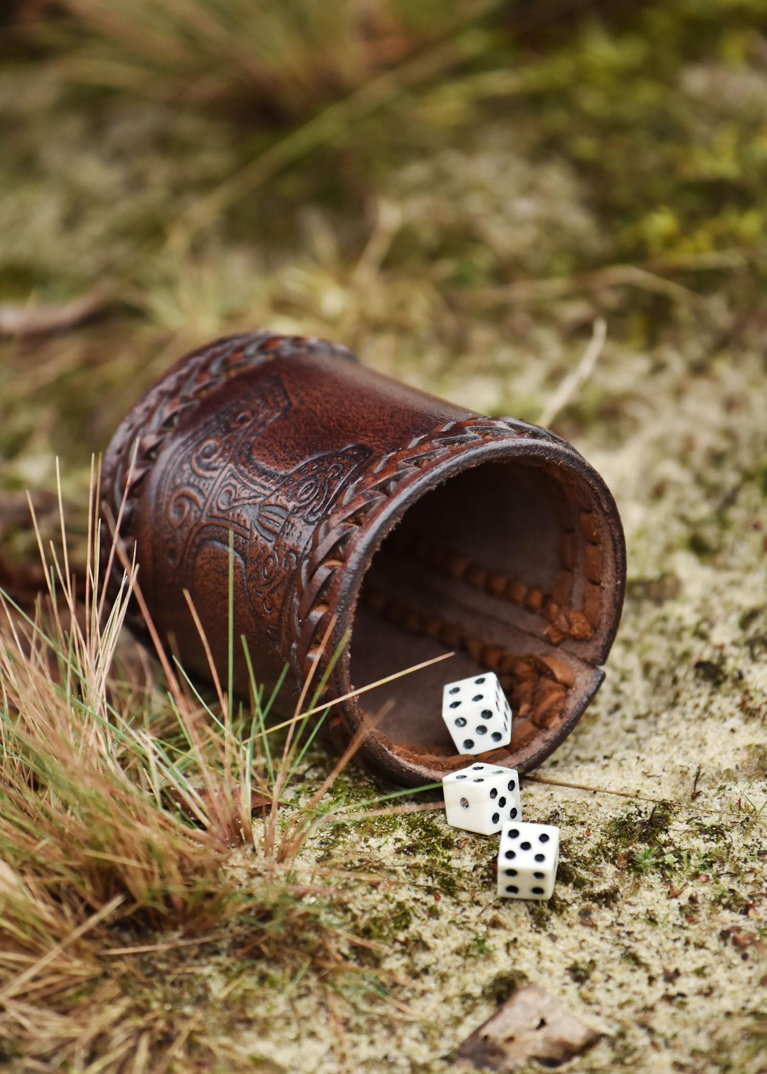 Ulfberth Viking Dice Cup – Genuine Leather Embossed Thor's Hammer Design, Brown