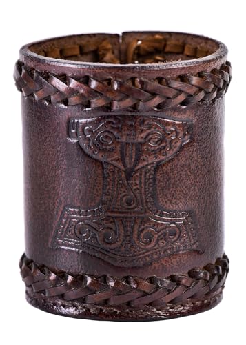Ulfberth Viking Dice Cup – Genuine Leather Embossed Thor's Hammer Design, Brown