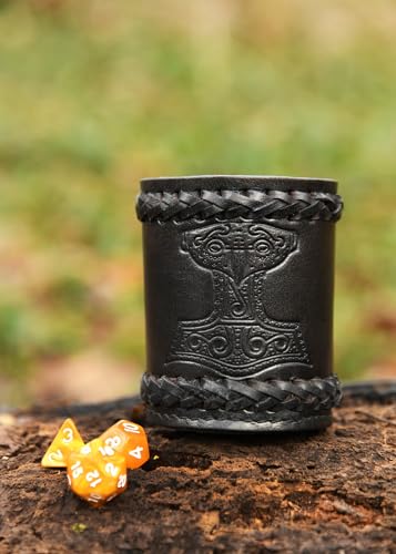 Ulfberth Viking Dice Cup – Genuine Leather with Embossed Thor’s Hammer Motif (Black)