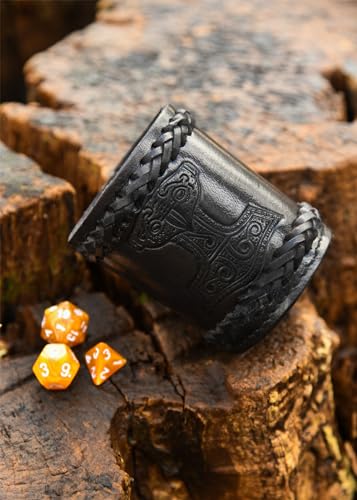 Ulfberth Viking Dice Cup – Genuine Leather with Embossed Thor’s Hammer Motif (Black)