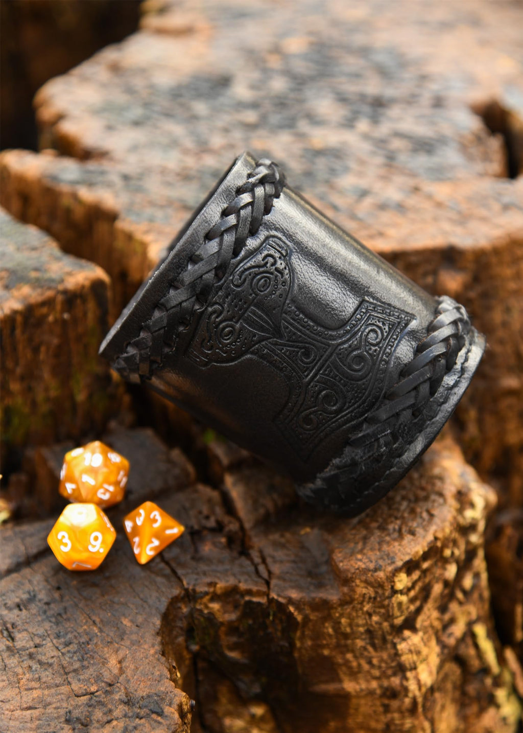 Ulfberth Viking Dice Cup – Genuine Leather with Embossed Thor’s Hammer Motif (Black)