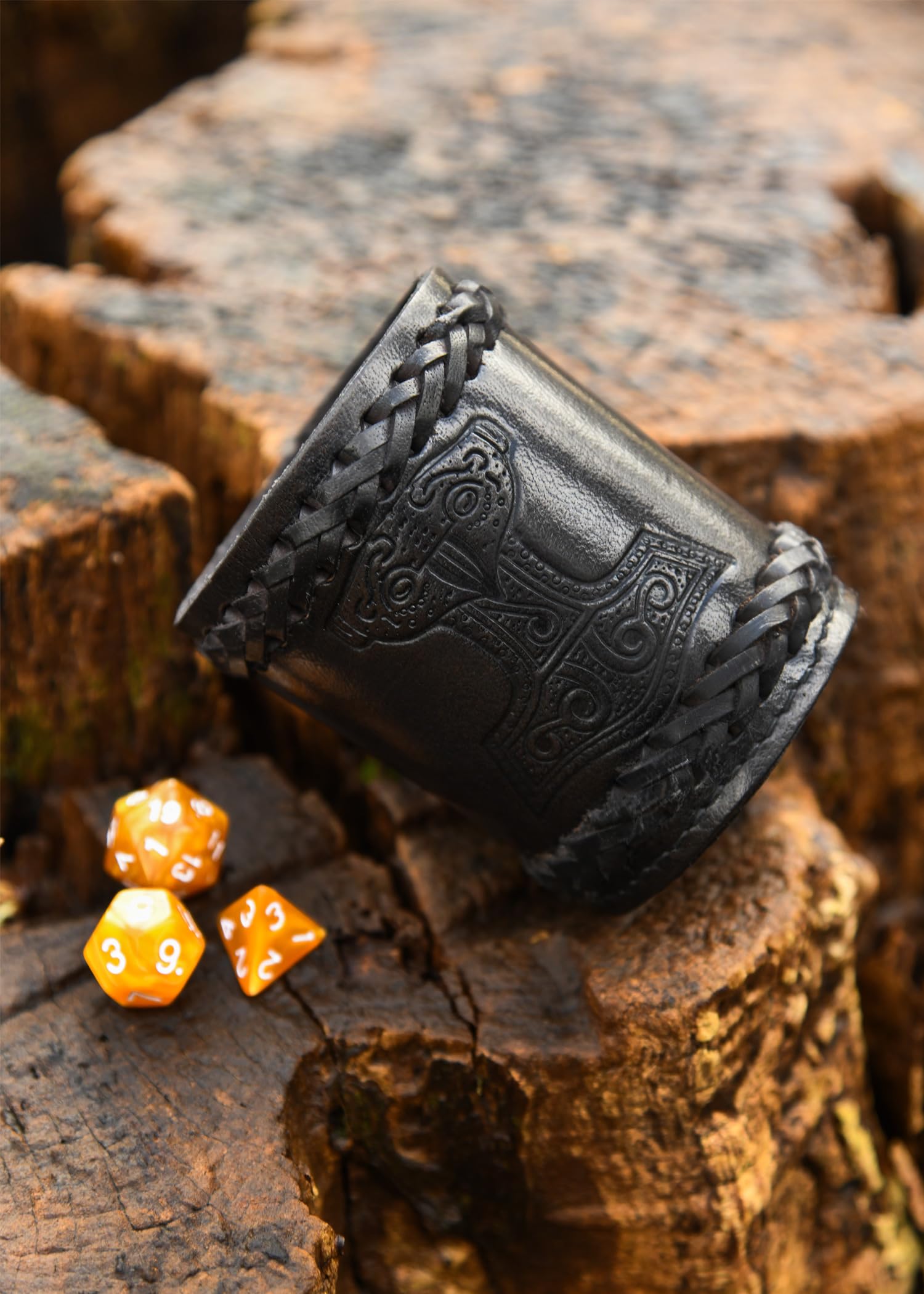 Ulfberth Viking Dice Cup – Genuine Leather with Embossed Thor’s Hammer Motif (Black)