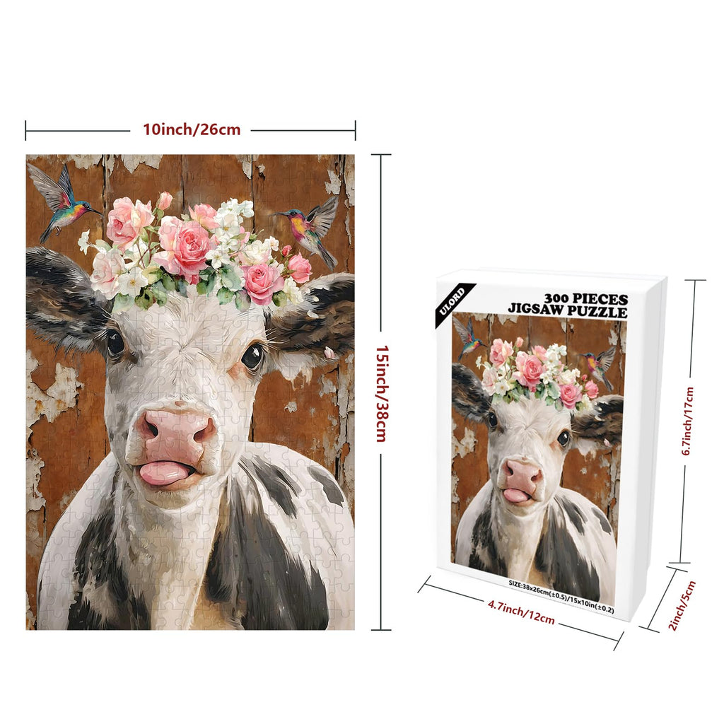 Ulord 300-Piece Jigsaw Puzzle: Rustic Cow with Hummingbirds and Floral Wreath – Fun for Adults and Family Decor