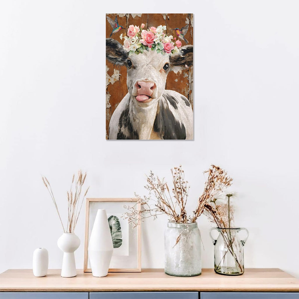Ulord 300-Piece Jigsaw Puzzle: Rustic Cow with Hummingbirds and Floral Wreath – Fun for Adults and Family Decor