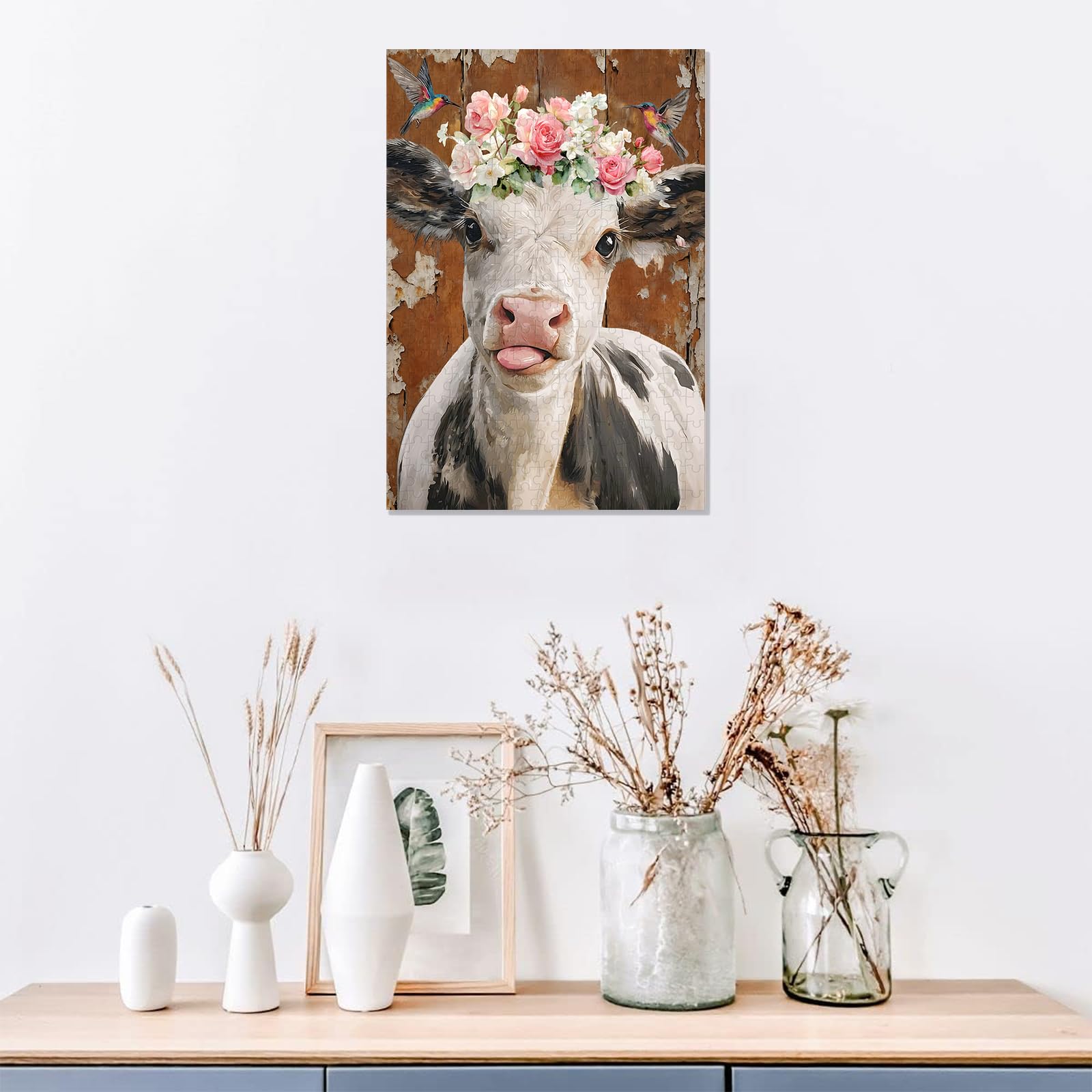 Ulord 300-Piece Jigsaw Puzzle: Rustic Cow with Hummingbirds and Floral Wreath – Fun for Adults and Family Decor