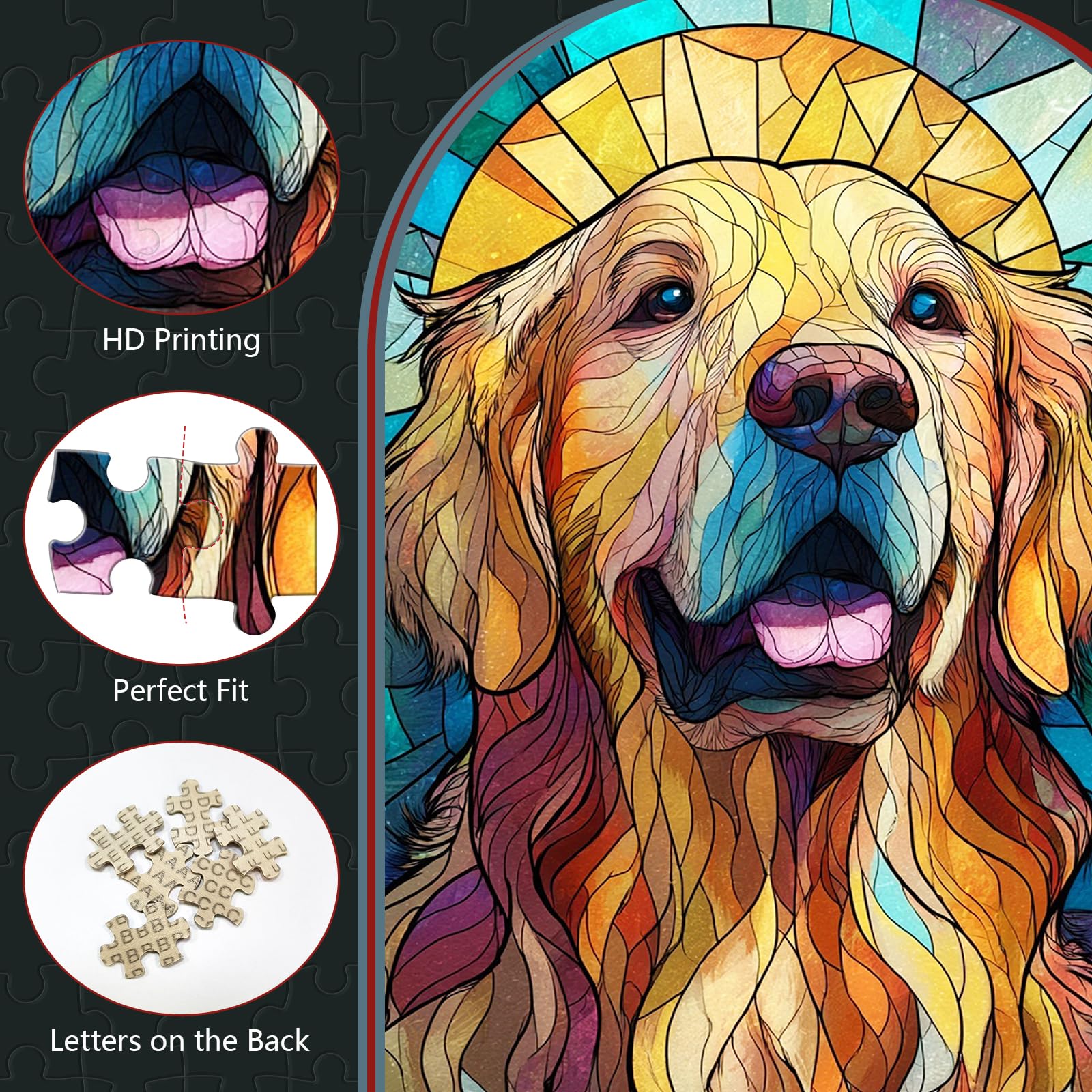 Ulord 300-Piece Stained Glass Golden Retriever Wooden Jigsaw Puzzle – Relaxing Décor Gift