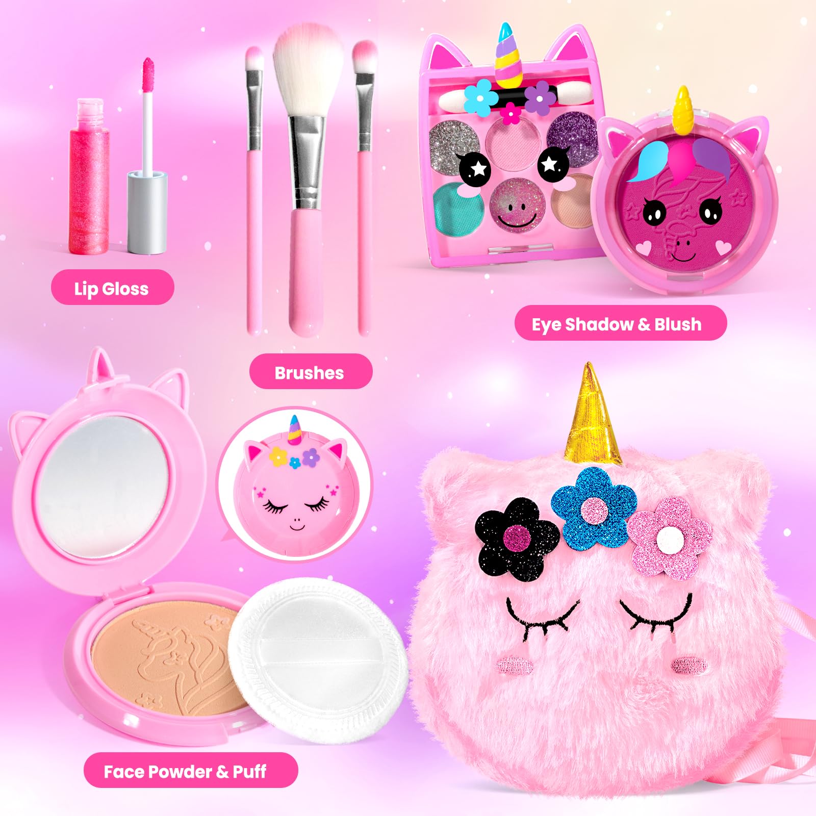 ULOVEME Kids Real Makeup Kit - Non Toxic Washable Unicorn Makeup Toy for Girls Ages 3-12 Birthday Gift (Mini Pink Unicorn #2)