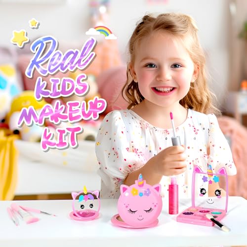 ULOVEME Kids Washable Makeup Kit for Girls 4-6 with Pink Coin Purse – Non-Toxic Real Makeup Toy