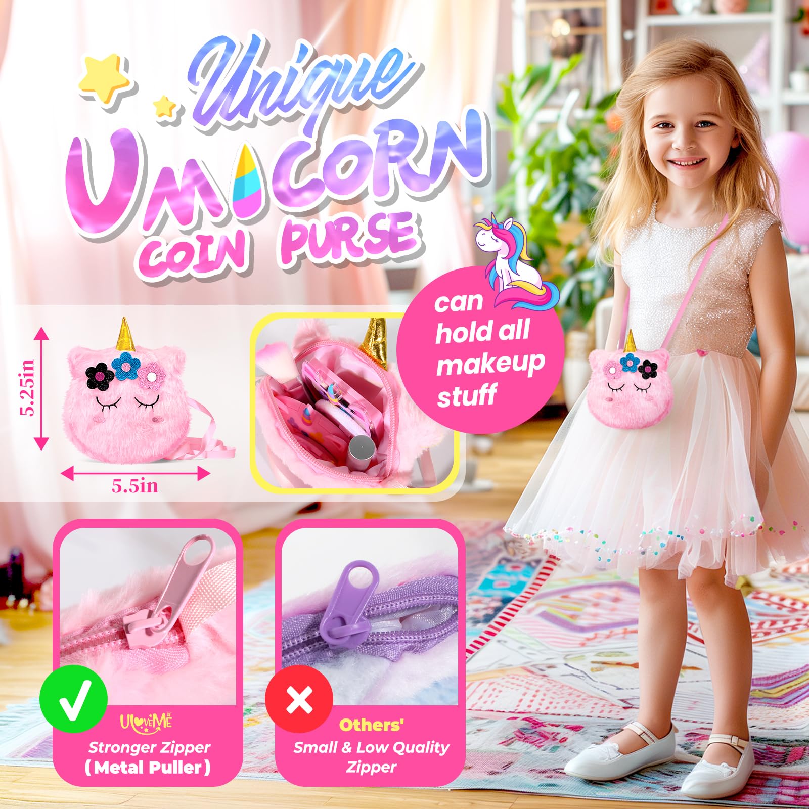 ULOVEME Kids Washable Makeup Kit for Girls 4-6 with Pink Coin Purse – Non-Toxic Real Makeup Toy