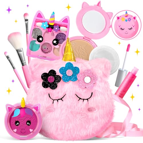 ULOVEME Kids Washable Makeup Kit for Girls 4-6 with Pink Coin Purse – Non-Toxic Real Makeup Toy