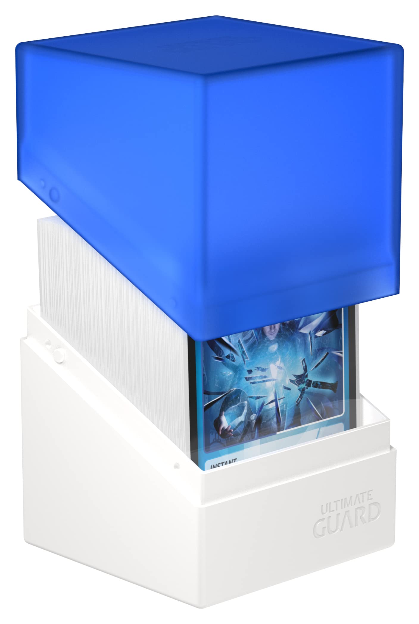 Ultimate Guard Boulder Synergy 100+ Deck Case - White/Blue - Holds 100 Double-Sleeved Cards - Secure Plastic Storage