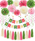 Umgozrz Pink and Green Birthday Decorations Kit – Tissue Paper Pom Poms, Banner, Tassels, Garland & Swirls