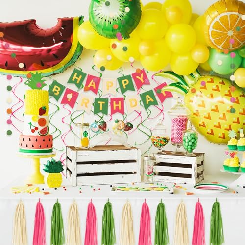 Umgozrz Pink and Green Birthday Decorations Kit – Tissue Paper Pom Poms, Banner, Tassels, Garland & Swirls