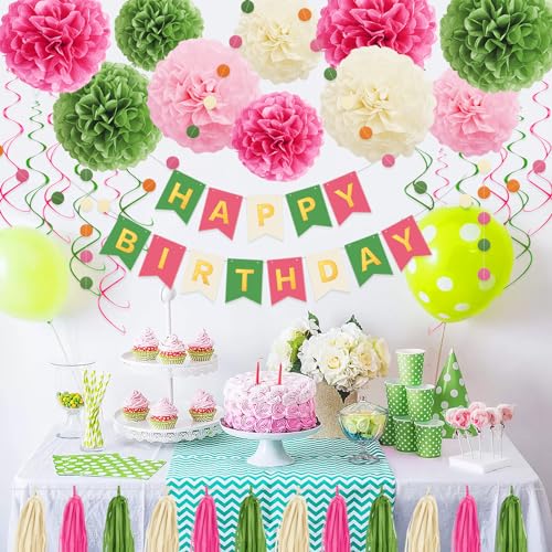 Umgozrz Pink and Green Birthday Decorations Kit – Tissue Paper Pom Poms, Banner, Tassels, Garland & Swirls