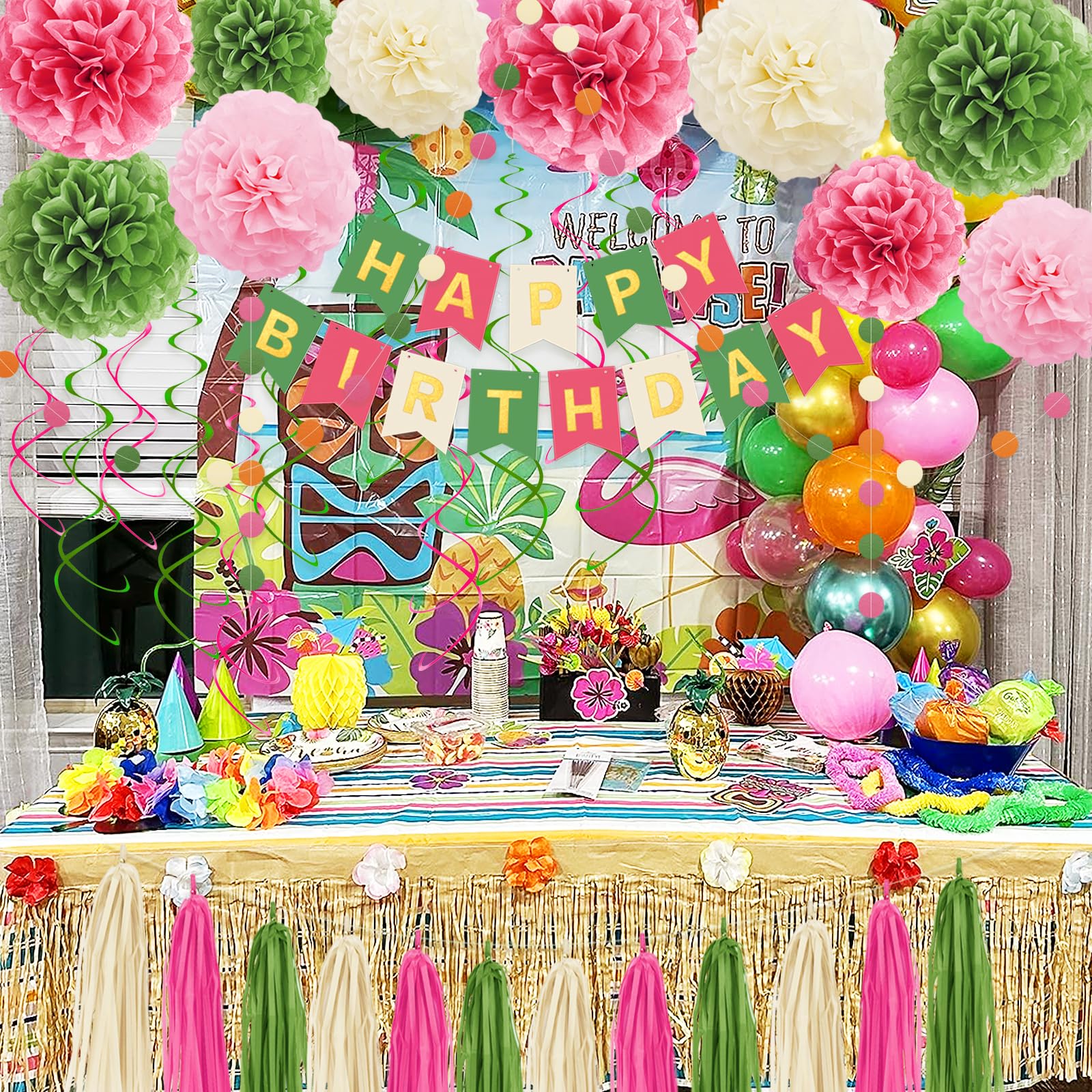 Umgozrz Pink and Green Birthday Decorations Kit – Tissue Paper Pom Poms, Banner, Tassels, Garland & Swirls