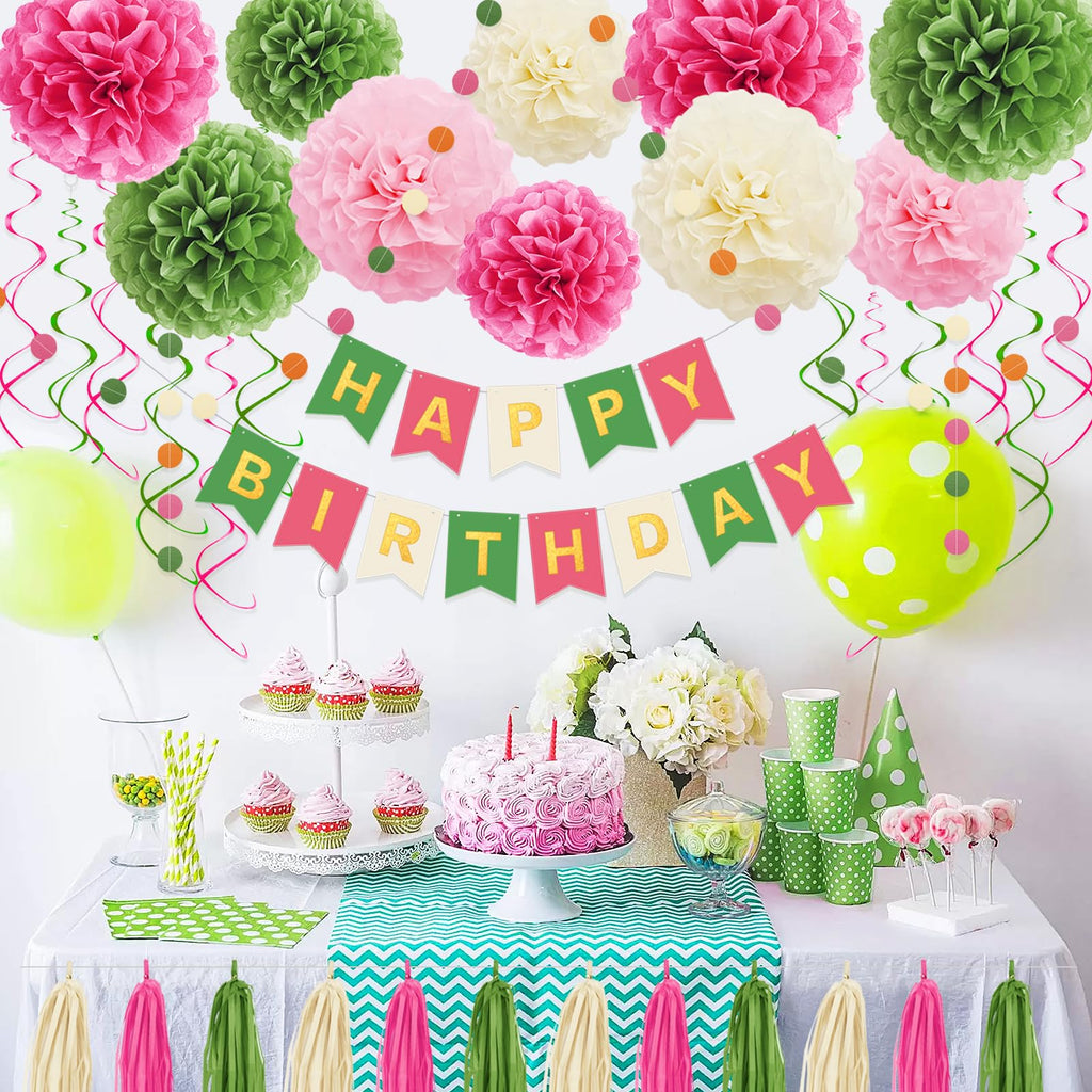 Umgozrz Pink and Green Birthday Decorations Kit – Tissue Paper Pom Poms, Banner, Tassels, Garland & Swirls