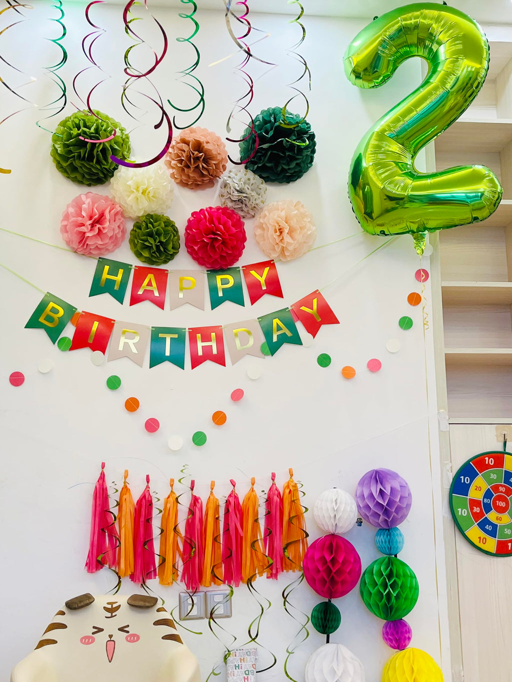 Umgozrz Pink and Green Birthday Decorations Kit – Tissue Paper Pom Poms, Banner, Tassels, Garland & Swirls
