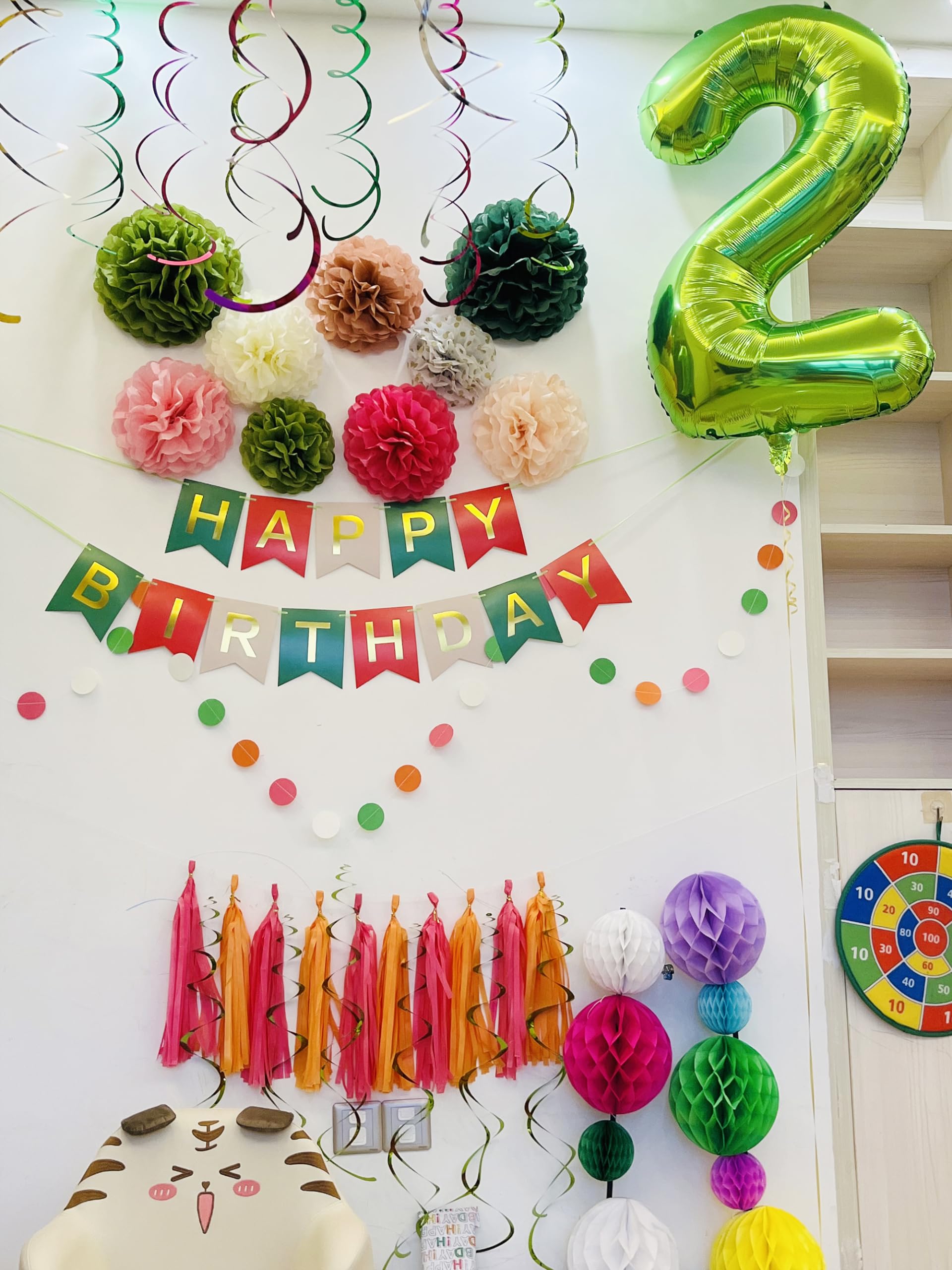 Umgozrz Pink and Green Birthday Decorations Kit – Tissue Paper Pom Poms, Banner, Tassels, Garland & Swirls