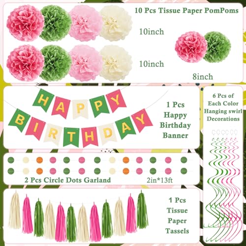 Umgozrz Pink and Green Birthday Decorations Kit – Tissue Paper Pom Poms, Banner, Tassels, Garland & Swirls