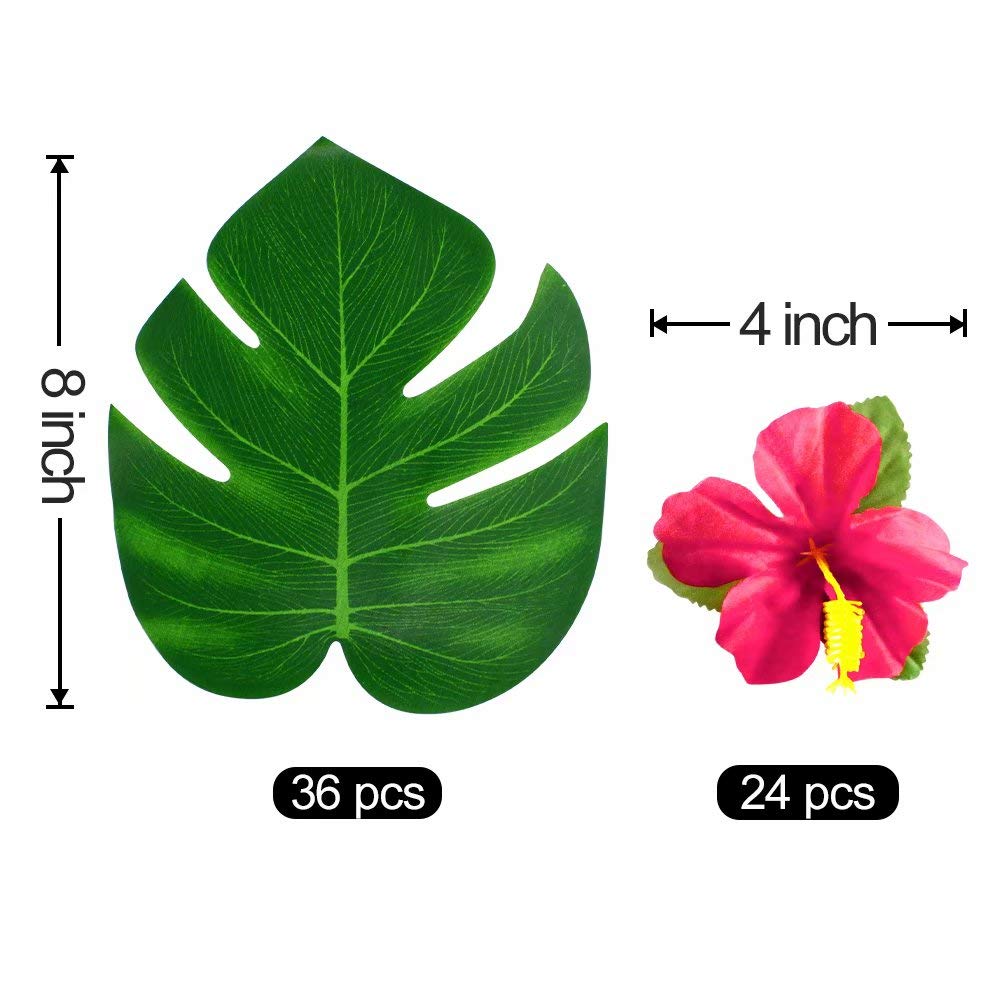 UMIKU 60-Piece Tropical Party Decorations Set: 36 Palm Leaves & 24 Hibiscus Flowers for Hawaiian Luau, Jungle, or Beach Theme Parties