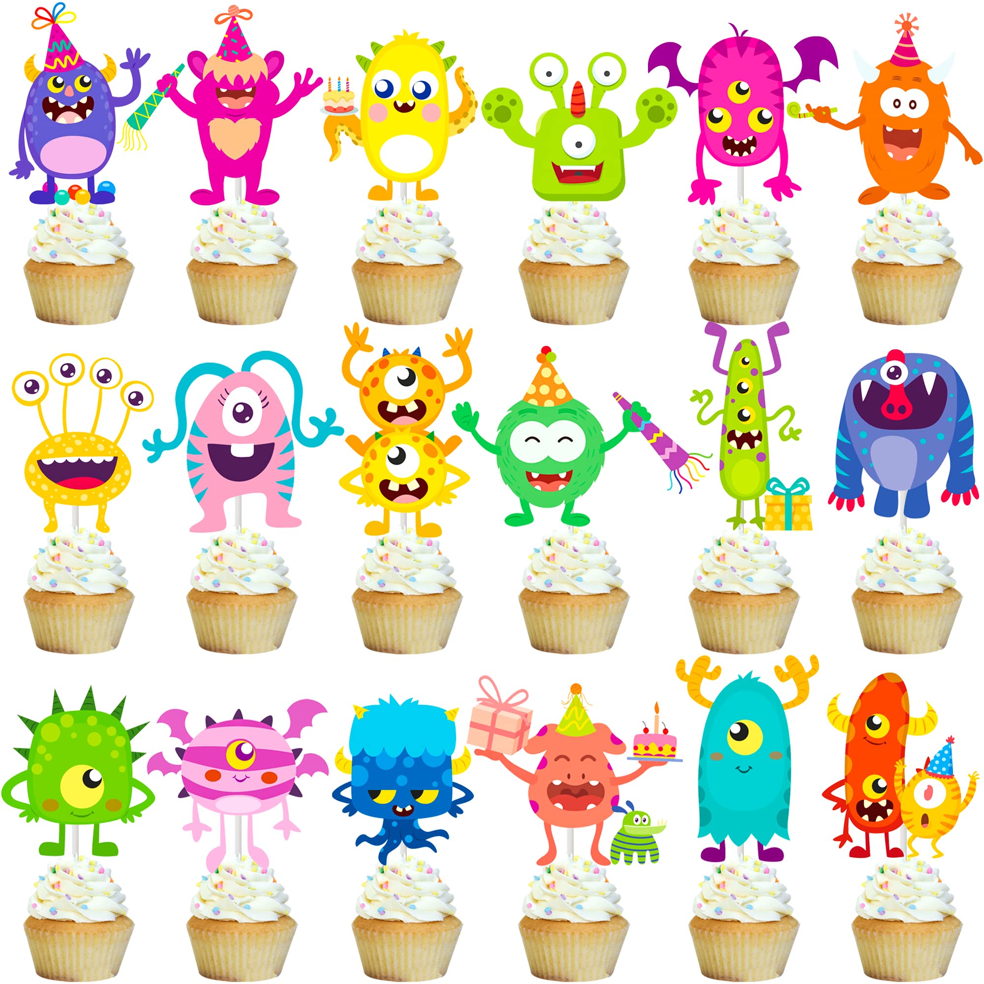 umoni 36-Piece Little Monster Cupcake Toppers – Pre-Assembled, 18 Designs, Green Theme for Baby Shower & Birthday Parties