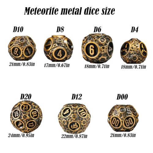 Unbeaten 7-Piece Meteorite Metal Dice Set for D&D – RPG Polyhedral Dice with Storage Box