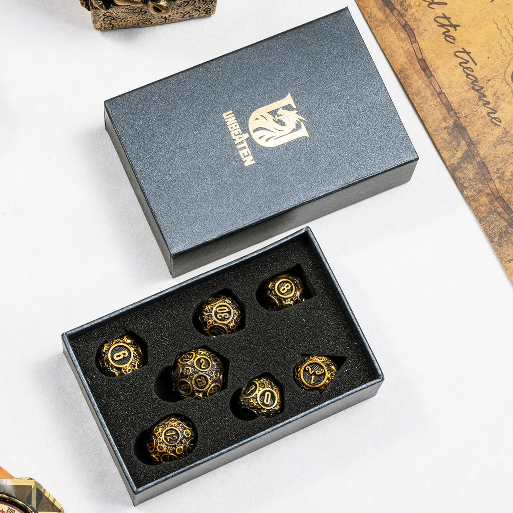 Unbeaten 7-Piece Meteorite Metal Dice Set for D&D – RPG Polyhedral Dice with Storage Box