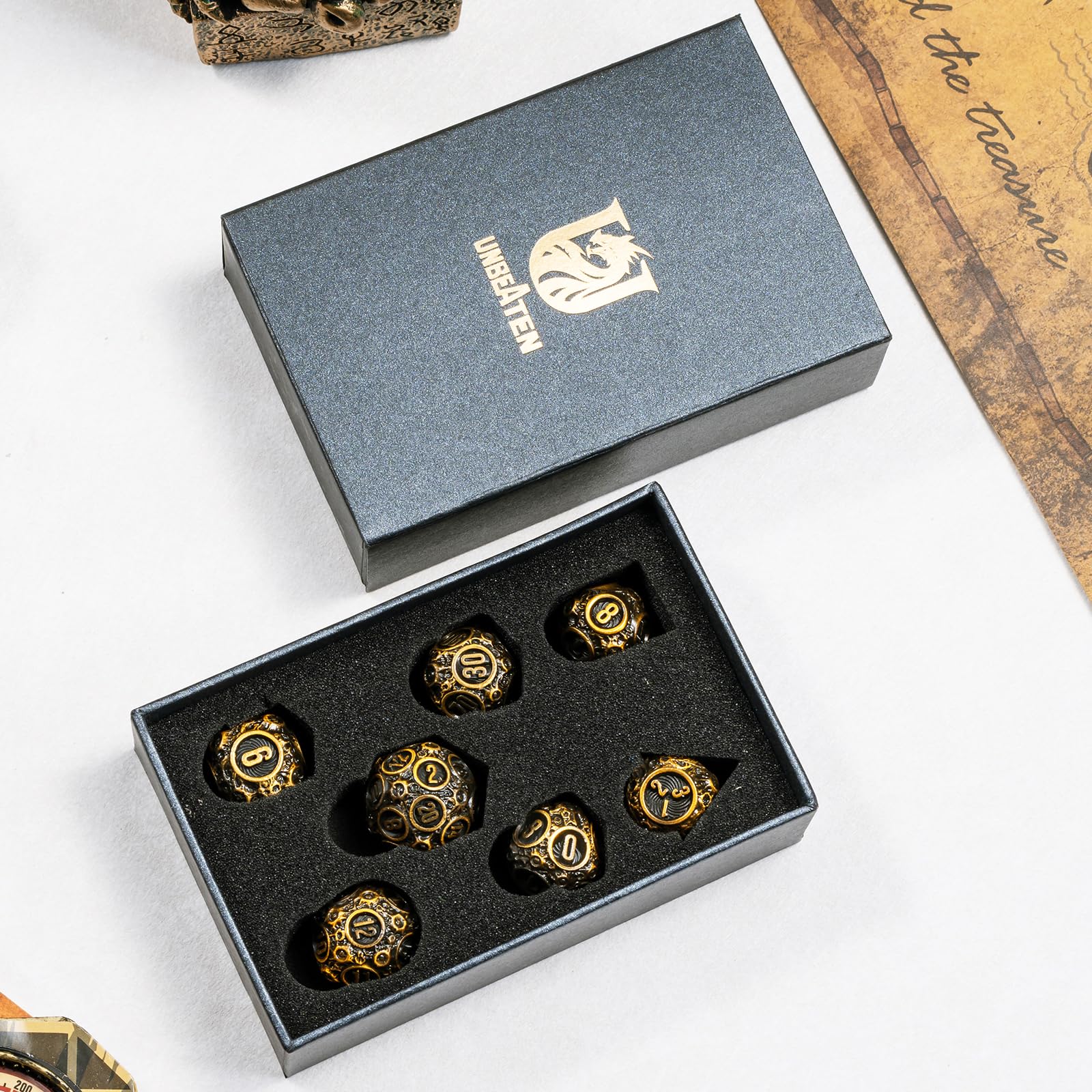 Unbeaten 7-Piece Meteorite Metal Dice Set for D&D – RPG Polyhedral Dice with Storage Box
