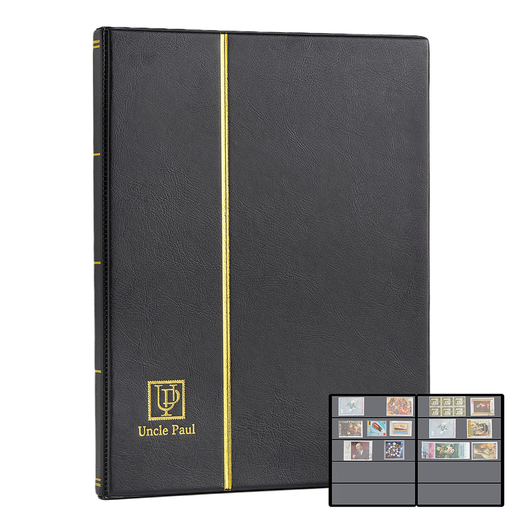 Uncle Paul 100-Pocket Stamp Album – Black Leatherette Cover, Acid-Free Pages, 50x197mm Sleeves for Postage Stamps & Paper Money
