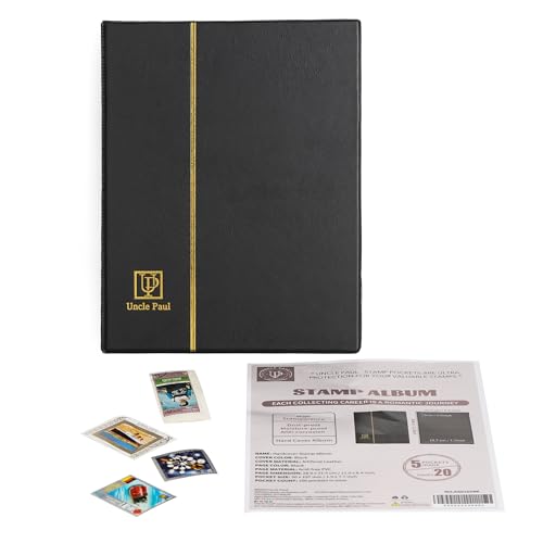 Uncle Paul 100-Pocket Stamp Album – Black Leatherette Cover, Acid-Free Pages, 50x197mm Sleeves for Postage Stamps & Paper Money