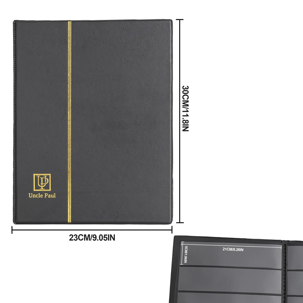 Uncle Paul 100-Pocket Stamp Album – Black Leatherette Cover, Acid-Free Pages, 50x197mm Sleeves for Postage Stamps & Paper Money