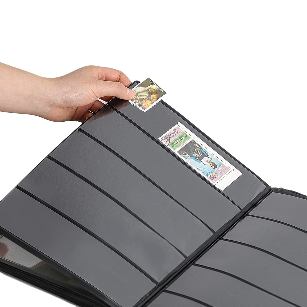 Uncle Paul 100-Pocket Stamp Album – Black Leatherette Cover, Acid-Free Pages, 50x197mm Sleeves for Postage Stamps & Paper Money