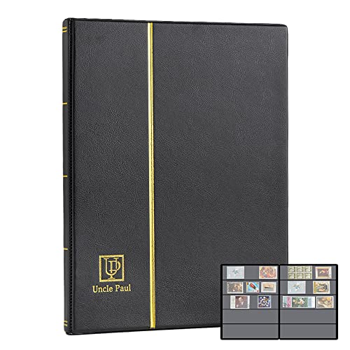 Uncle Paul 100-Pocket Stamp Album – Black Leatherette Cover, Acid-Free Pages, 50x197mm Sleeves for Postage Stamps & Paper Money