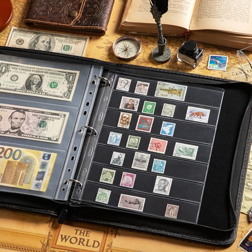 Uncle Paul Black Leather Zipper Binder for Coins, Stamps & Banknotes – 3/7/9/11-Hole Compatible