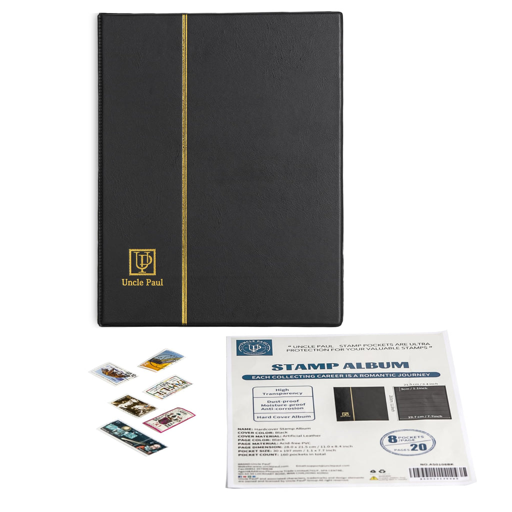 Uncle Paul Stamp Album 160 Pockets – Leatherette Padded Cover with 30x197mm Sleeves for Postage Stamps and Paper Money Collection